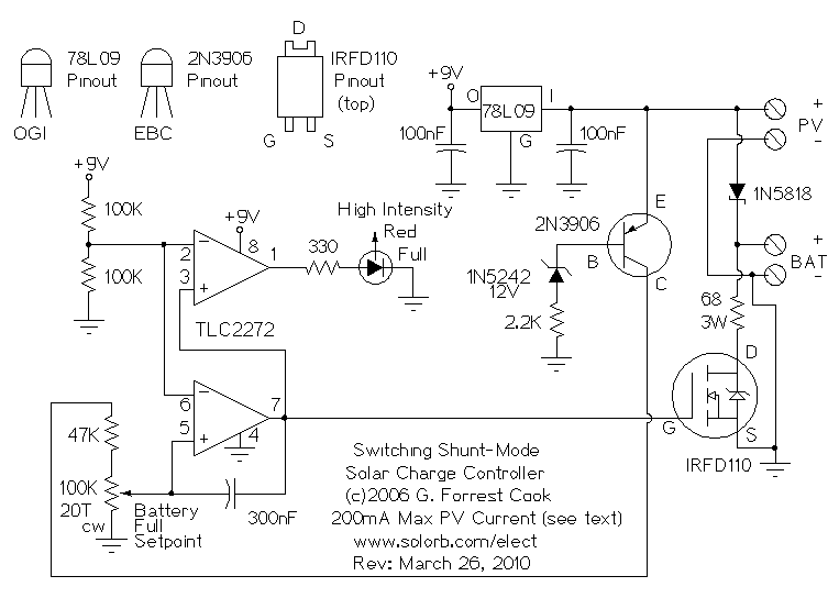 Shunt-mode solar charge controller schematic