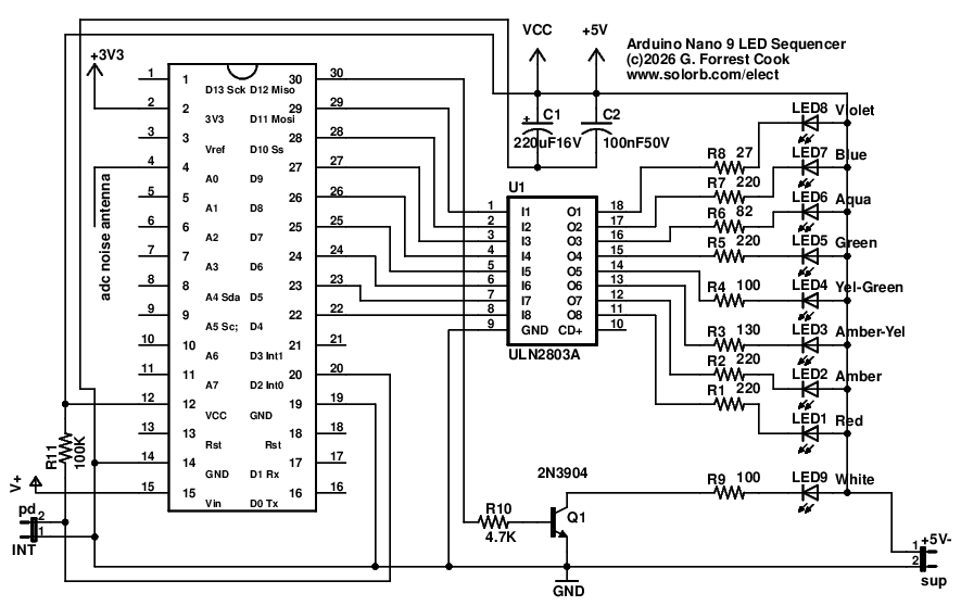 Arduino Nano 9 LED Sequencer schematic
