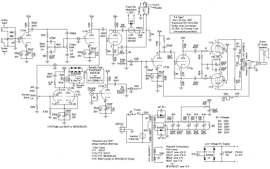 Lil' Tiger Hammond AO-43 Organ to Guitar Amp Conversion reverb driver schematic 
